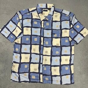 VTG Enyce Shirt Men's 2XL XXL Blue Beige Geometric Grid Short Sleeve Button Down